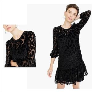NWT J Crew Black Leopard Velvet Flutter Hem Dress